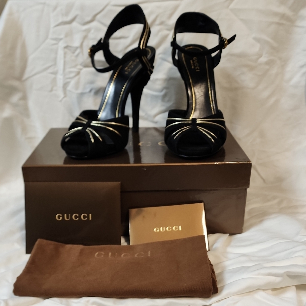 Gucci Kelly Ankle Strap Heels in black suede with gold trim